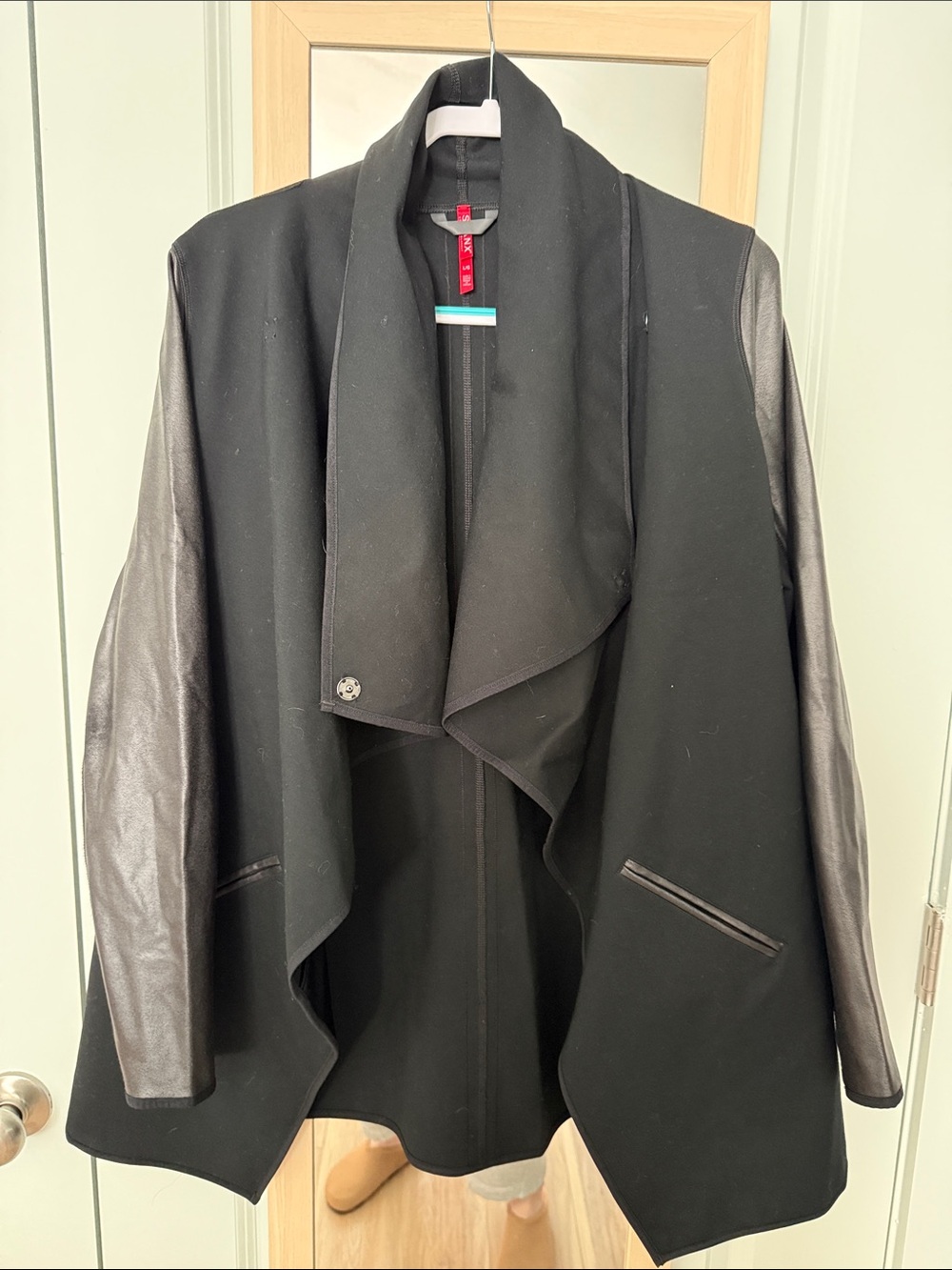 SPANX Black Draped Coat with Leather Sleeves